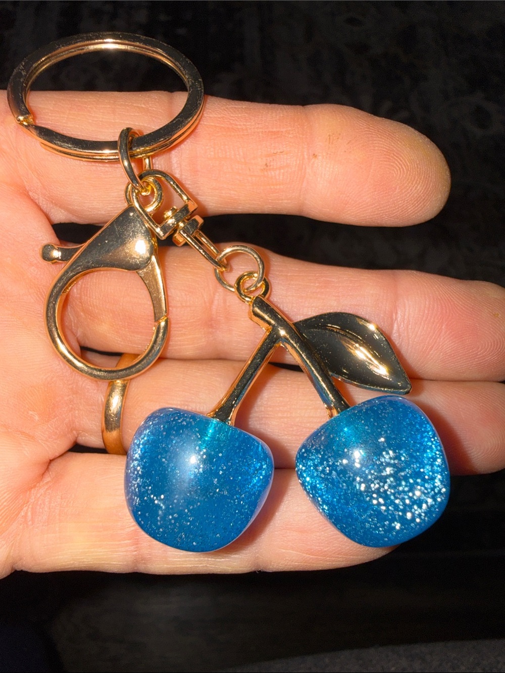 Gold Cherry Keychain with Sparkling Blue Resin Cherries